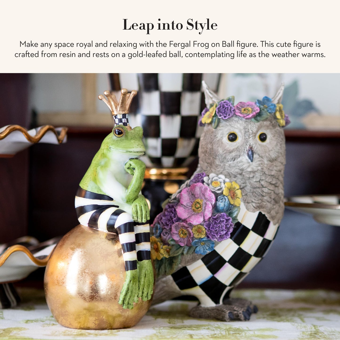 MACKENZIE-CHILDS Fergal Frog on Ball, Cute Frog Statue, Unique Frog Decoration for Bathroom or Living Room