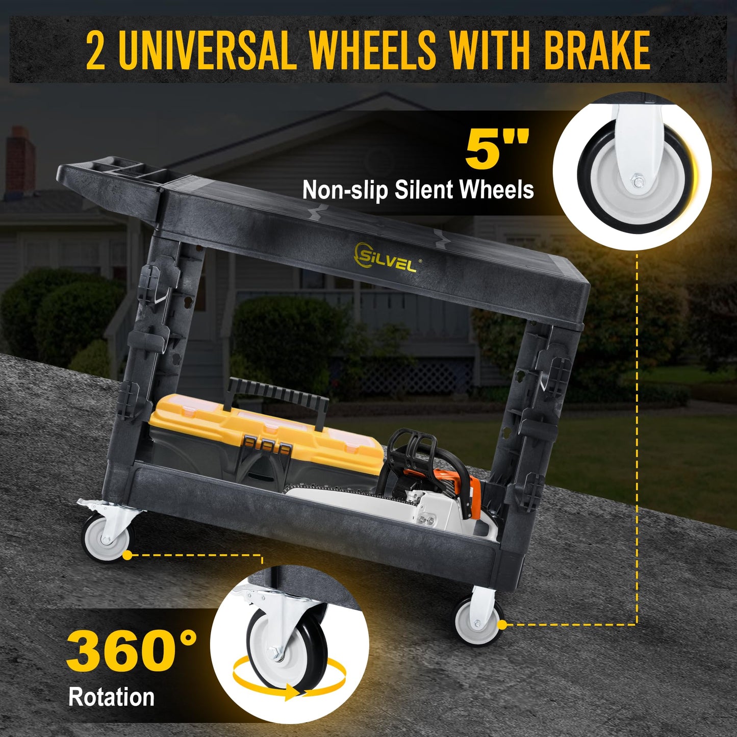 SILVEL Flat Top Utility Cart 45.6X25.2in Heavy Duty Flat with Full Swivel Wheels 600LBS Capacity 2 Shelf Service Cart Rolling Utility Carts with Wheels Ergonomic Handle for Warehouse,Garage,Cleaning