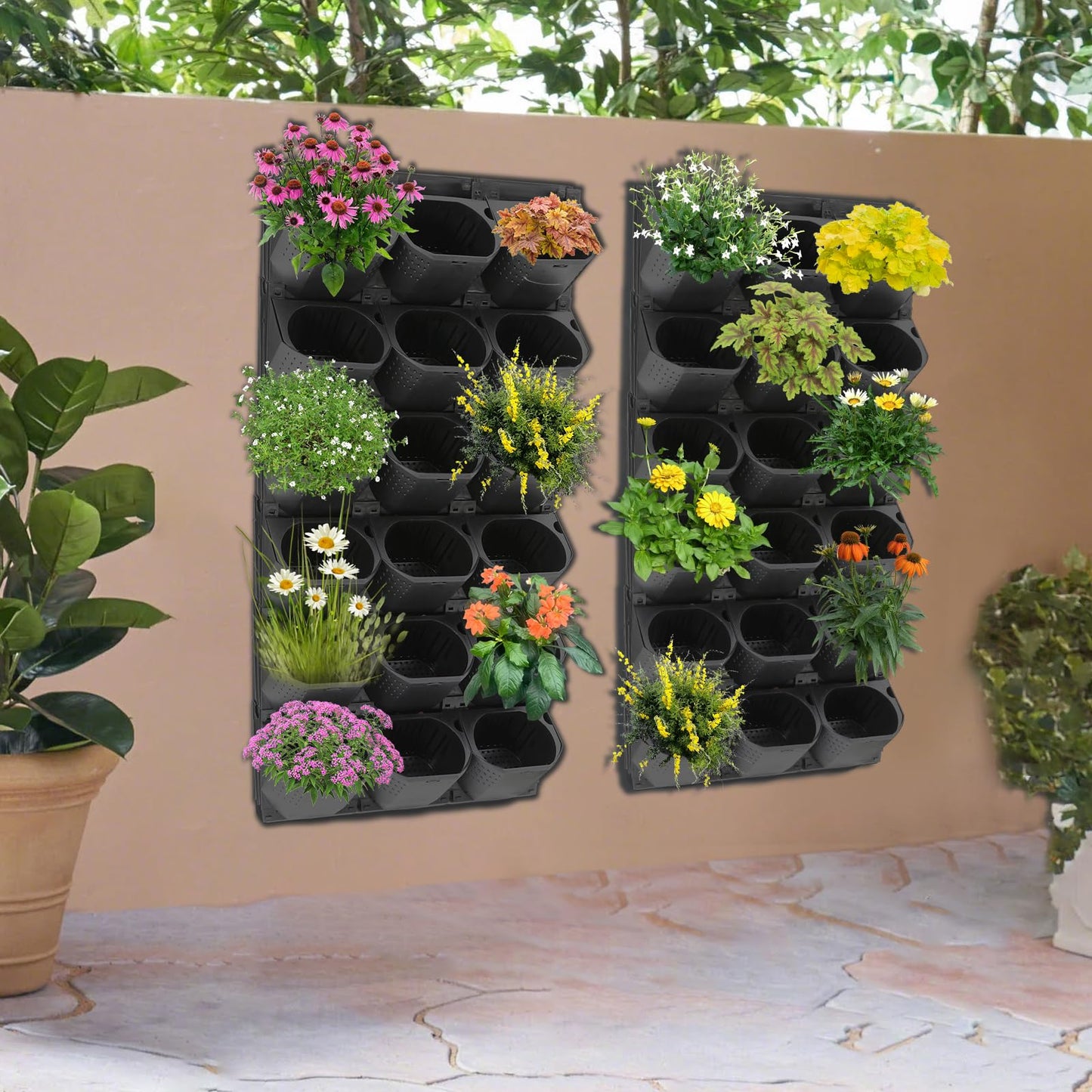 kunghei 36-Pot Wall Mounted Planter – Vertical Wall Planter with Water Storage Layer, Stackable Flower Pot Holder for Indoor Outdoor Garden Balcony (12 * 3-Pot) (Black)