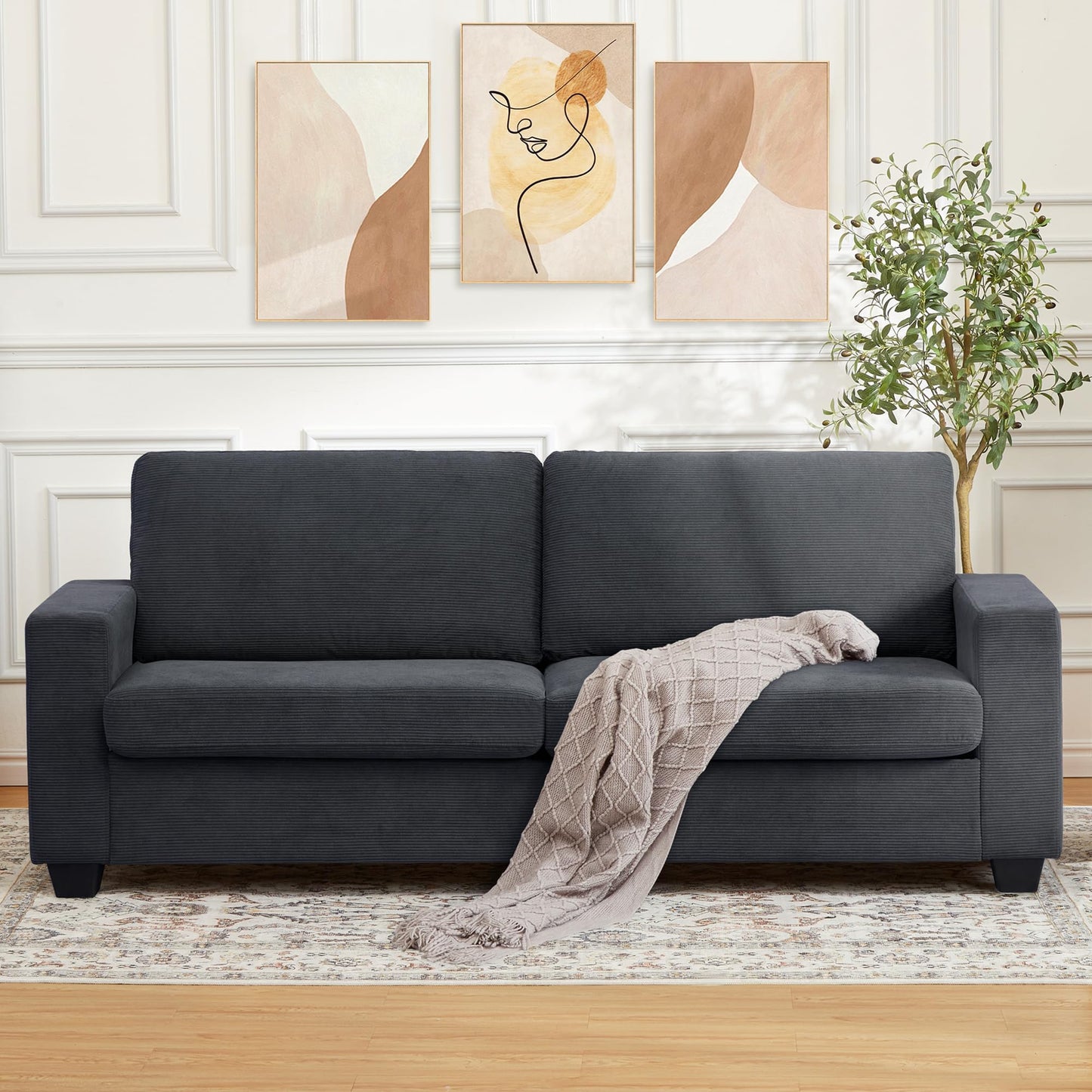 BouPower 84" Corduroy Loveseat Sofa for Living Room, Modern Upholstered Sofa with Wide Armrests, Modern Plush Deep Seat Sofa Couch, Oversized Comfy 3-Seater Sofa for Living Room, Apartment, Grey