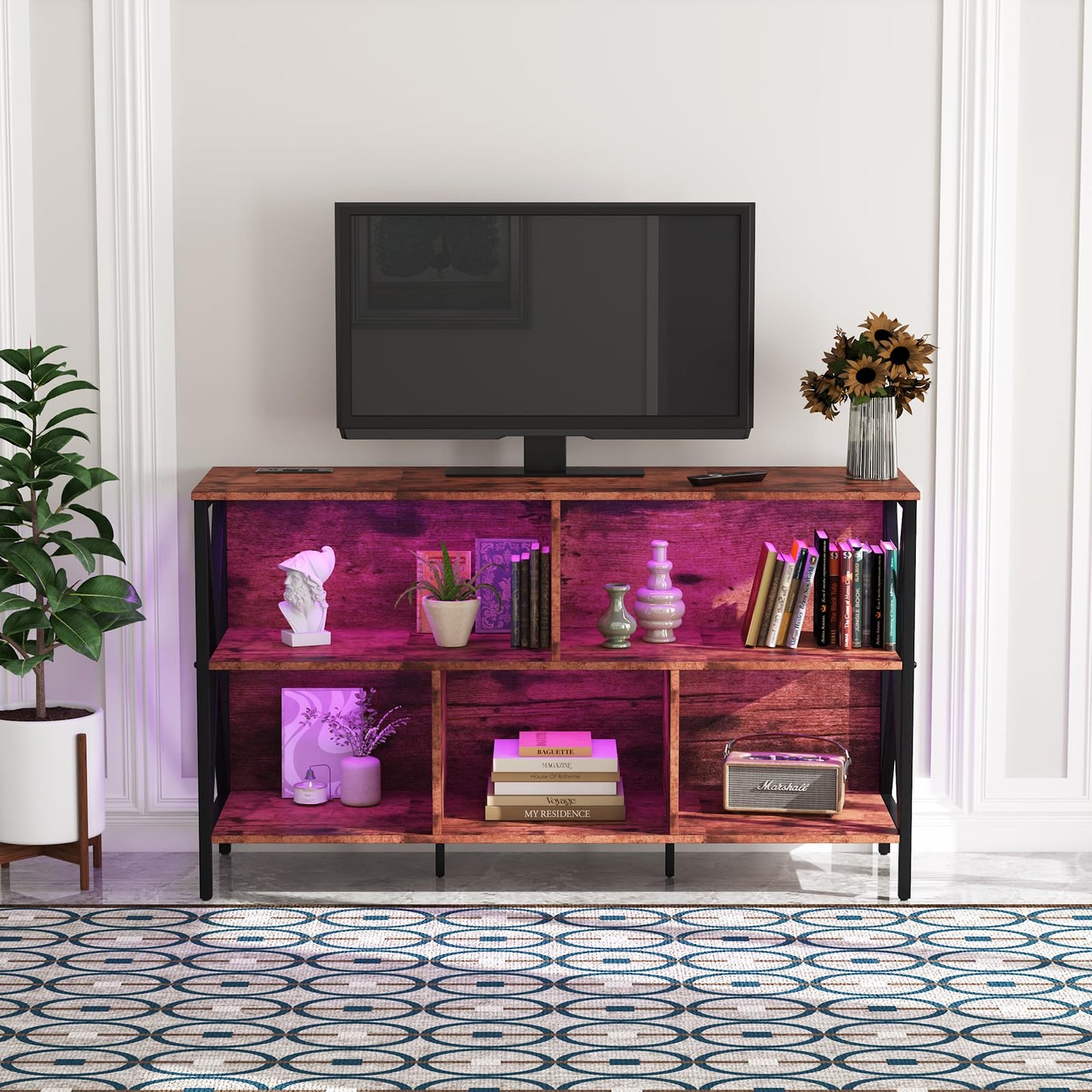 Horizontal Bookshelf,Industrial Modern 5 Cube Low Wide Cubby Bookcase with led Light,Long Wood and Metal Storage Organizer Open Shelf, Book Shelf Bedroom Storage for Home Office Living Room(Brown)
