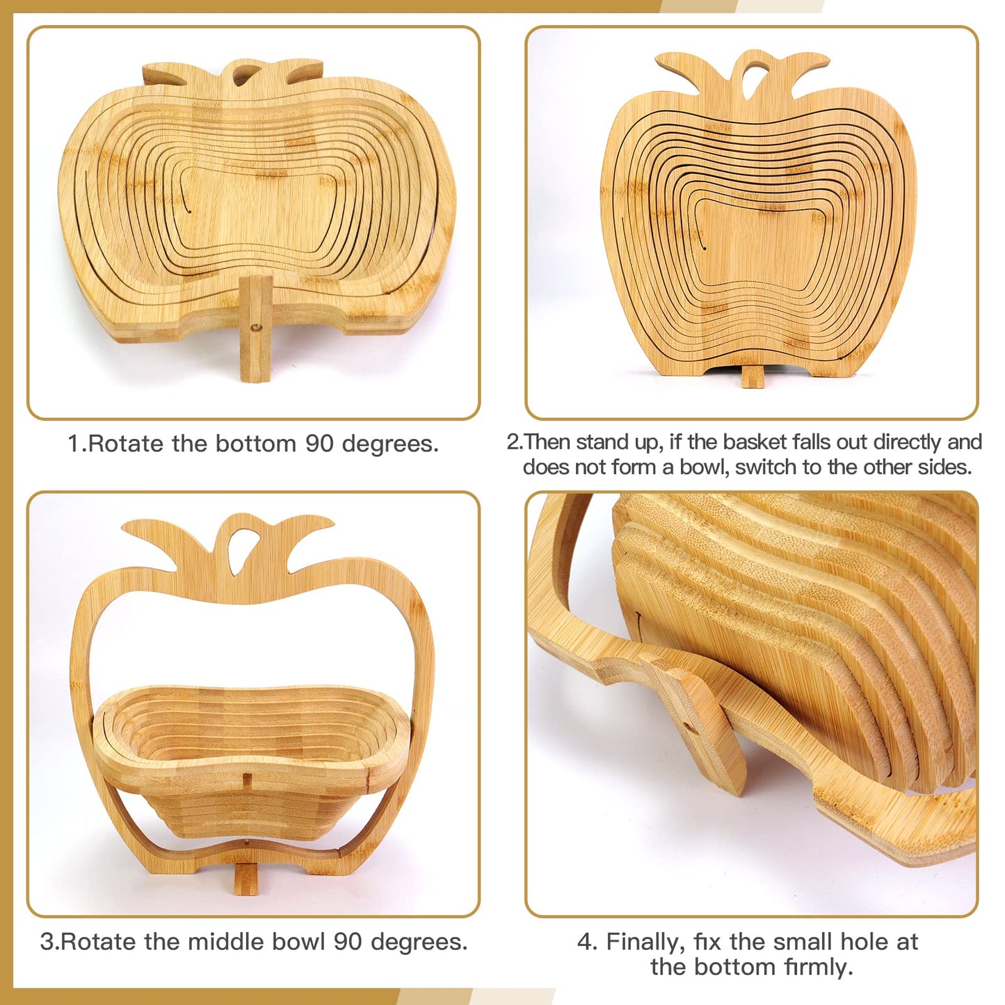 MYOSOTIS Foldable Fruit Basket Gift Bamboo Fruit and Veggie Basket,Fruit Bowl Holder Dried Fruit Basket For Christmas decorations Holiday Party Mom Gifts (Apple)