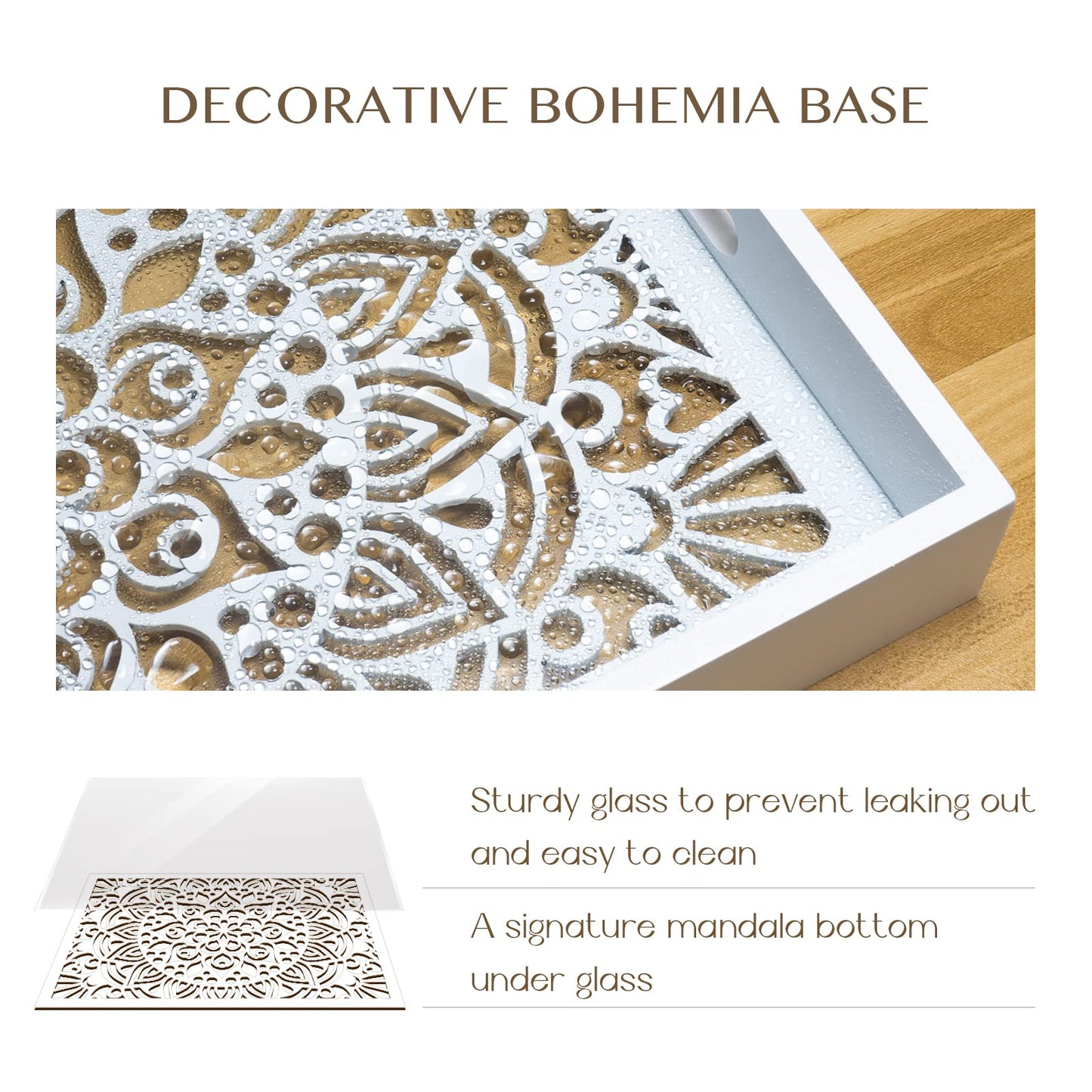 LINKOVE Wooden Serving Tray with Handles, White Wood Couch Ottoman Tray for Living Room, Decorative Tray for Coffee Table Kitchen Counter, Candle Perfume Displayed for Bedroom Bathroom,15" x 10"