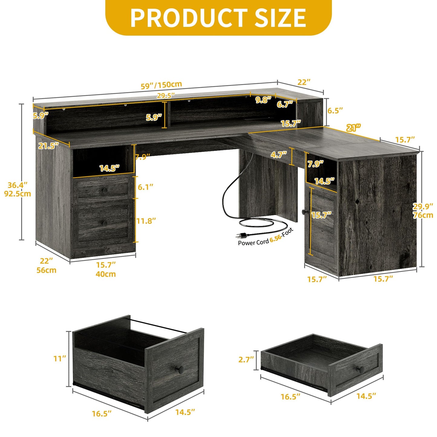 DWVO L Shaped Desk with Drawers, 60" Corner Computer Desk with Power Outlets & Lift Top, Home Office Desk with Storage Cabinet & LED Lights, Wood Desk, Height Adjustable Desk, Grey