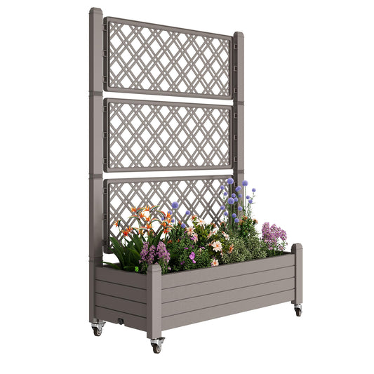 Fancyango Raised Garden Bed with Trellis and Wheels, Resin Planter Box with Trellis with Drainage Holes & Water Monitor, Privacy Planters for Patio for Climbing Plants, Gray(1 Pack)