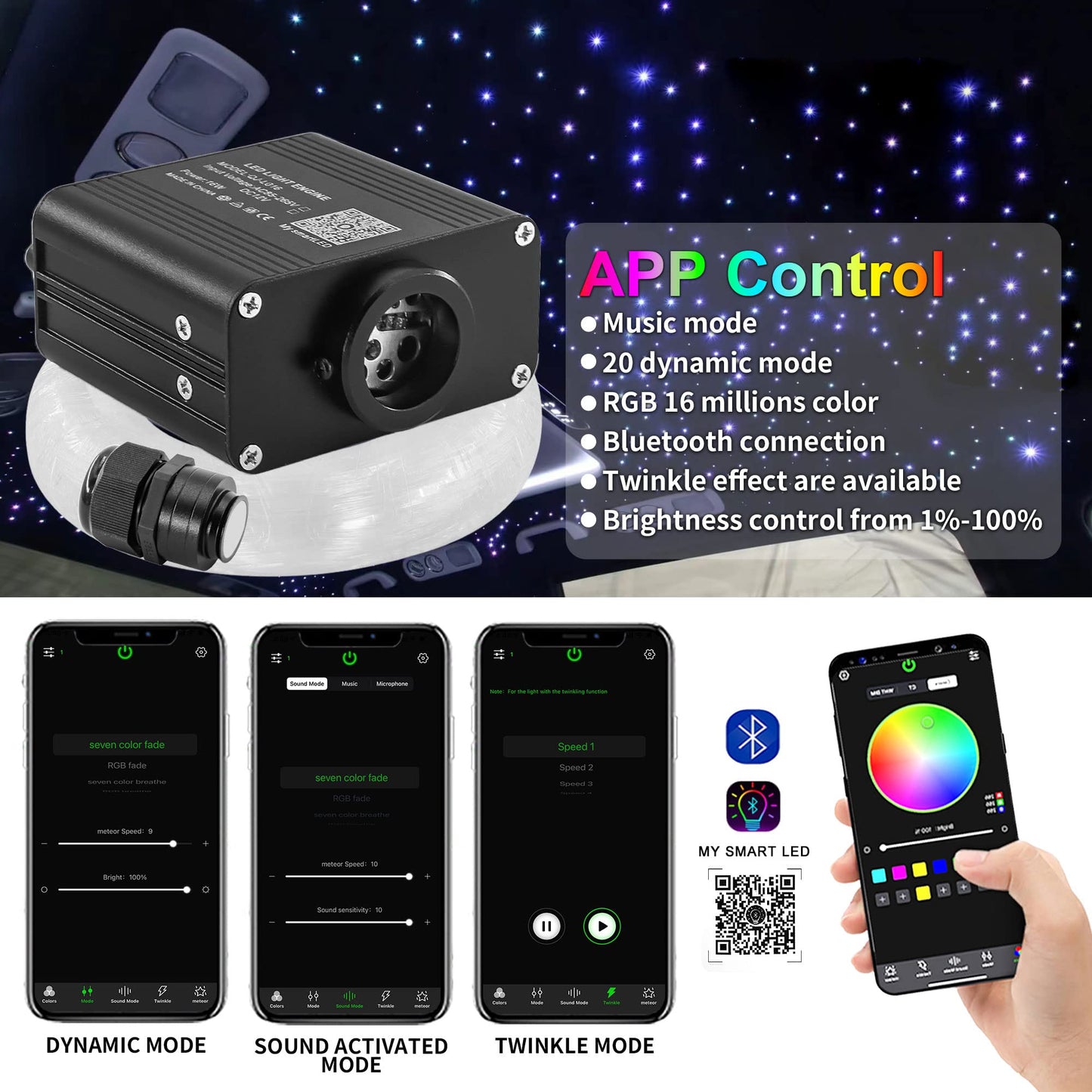 ATOKEE 16W Starlight Headliner Kit 650pcs 0.03in 9.8ft, Twinkle Small Size Fiber Optic Car Star Roof Lights with Bluetooth APP/Remote Control