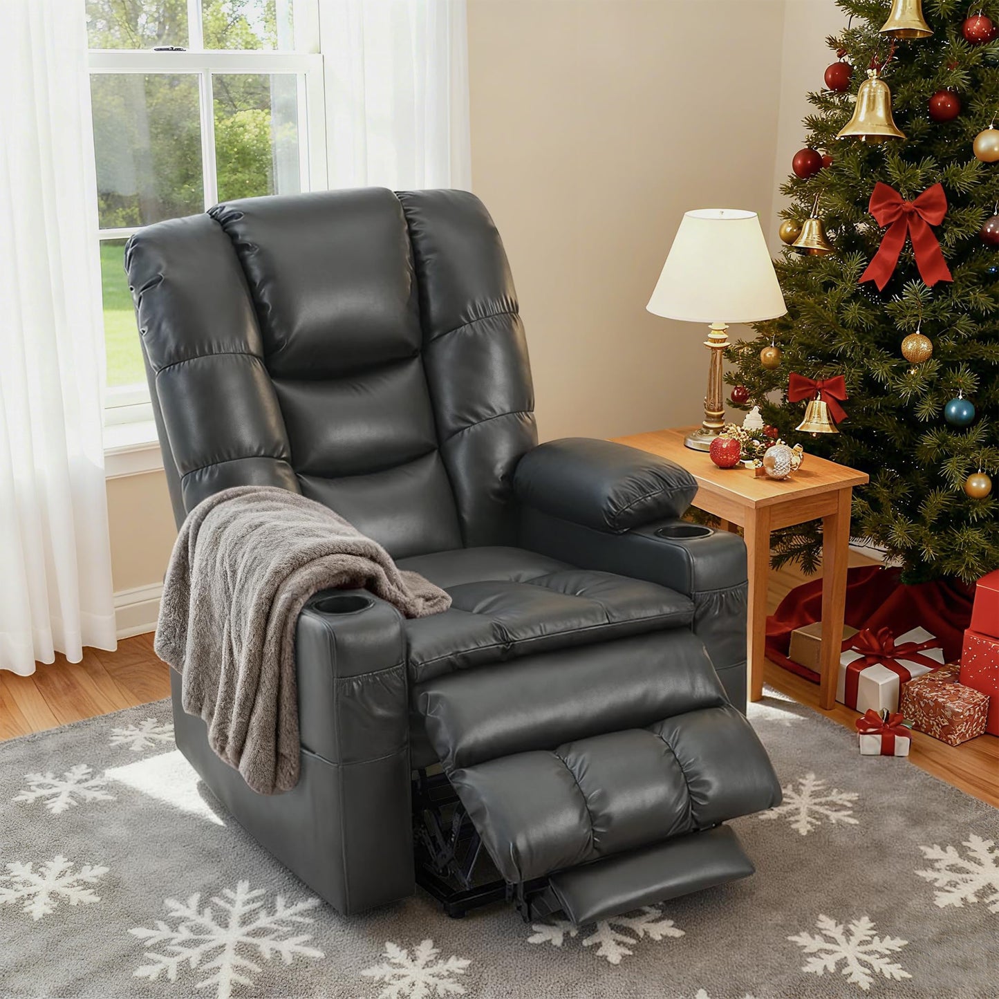 MCombo Large Triple Motor Power Lift Recliner Chair with Massage and Dual Heating, Adjustable Headrest for Tall Elderly People, Faux Leather 7634 (Dark Grey, Large)