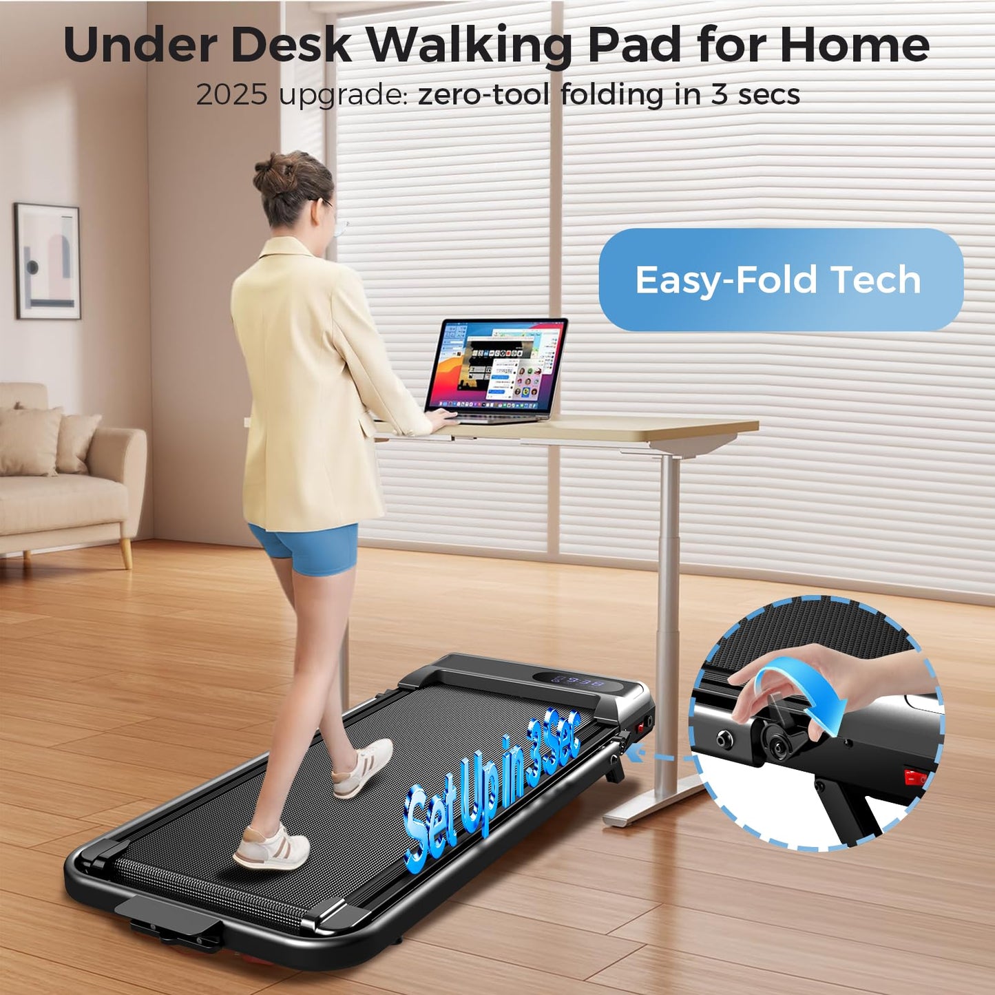 Walking Pad with Handle Bar, 2.5HP Walking Pad Treadmill, 3 in 1 Portable Under Desk Treadmills for Home Small Space, Foldable Folding Home Treadmill with Remote Control, 320LBS Capacity