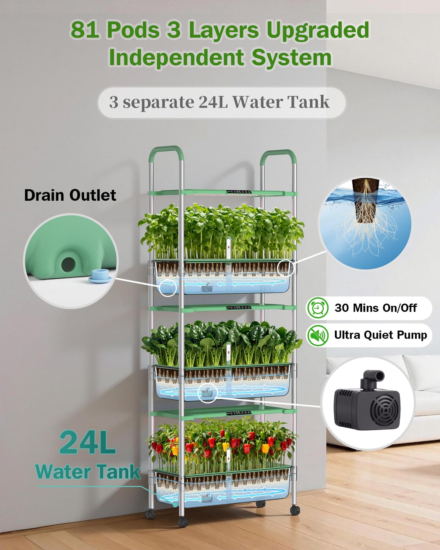 Growell Large Hydroponics Growing System Kit, Vertical Indoor Herb Garden Kit with LED Grow Light & Independent Water Pump, 42L Movable Indoor Planter Perfect Gardening Gifts (3 Tier-81 Pods Green)