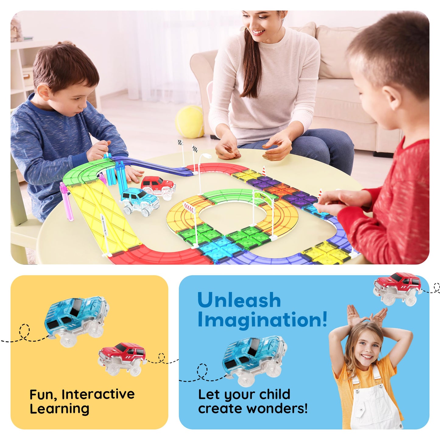 PicassoTiles 45pc Magnetic Tiles Race Track Set With 2 Racing Cars Plus Traffic Accessory Kit STEM Educational Learning Construction Building Magnet Tile Toy For Toddlers Boys Girls Kids Age 3+ PTR451