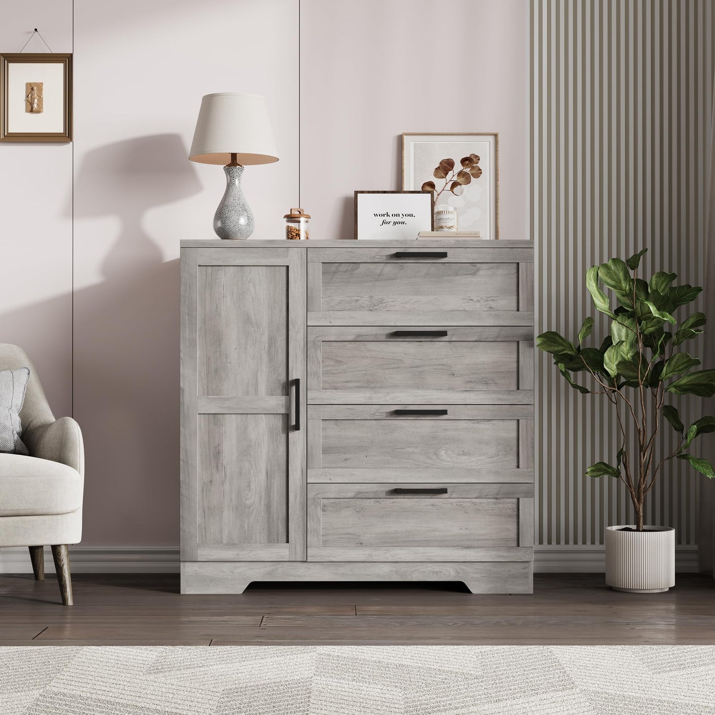 GarveeHome Wood Armoire Wardrobe Closet with 4 Drawers and Door, 43.3 in H Bedroom Wardrobe Cabinet with Hanging Rod, Clothing Storage Cabinets, 4 Drawers Dresser with Storage Closet, Gray