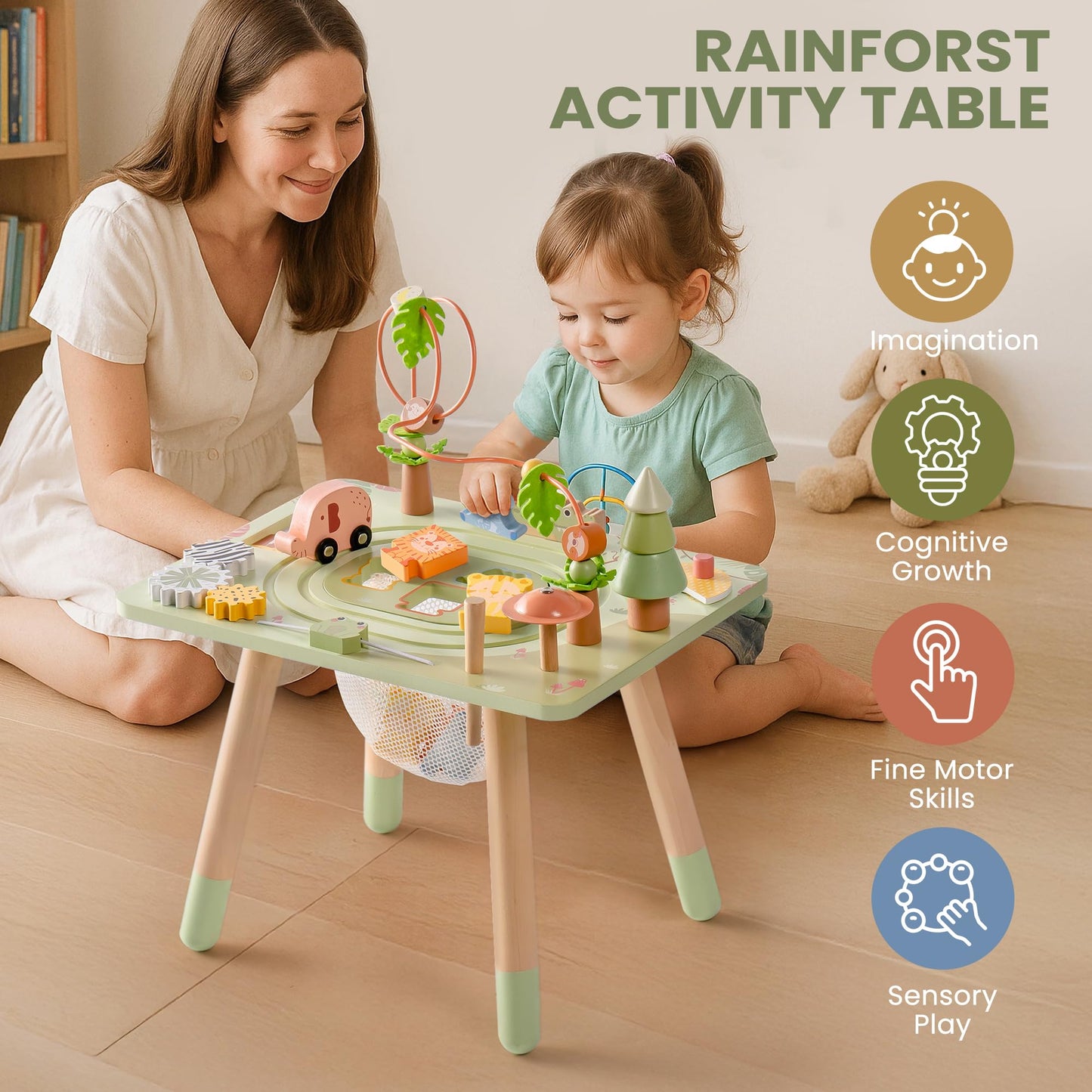 ROBUD Activity Table, 11-in-1 Montessori Learning Table with Bead Maze, Gears, Track, Shape Matching, Storage & More, Wooden Montessori Toys for Toddler, Educational Gift for Baby Boys Girls, Green