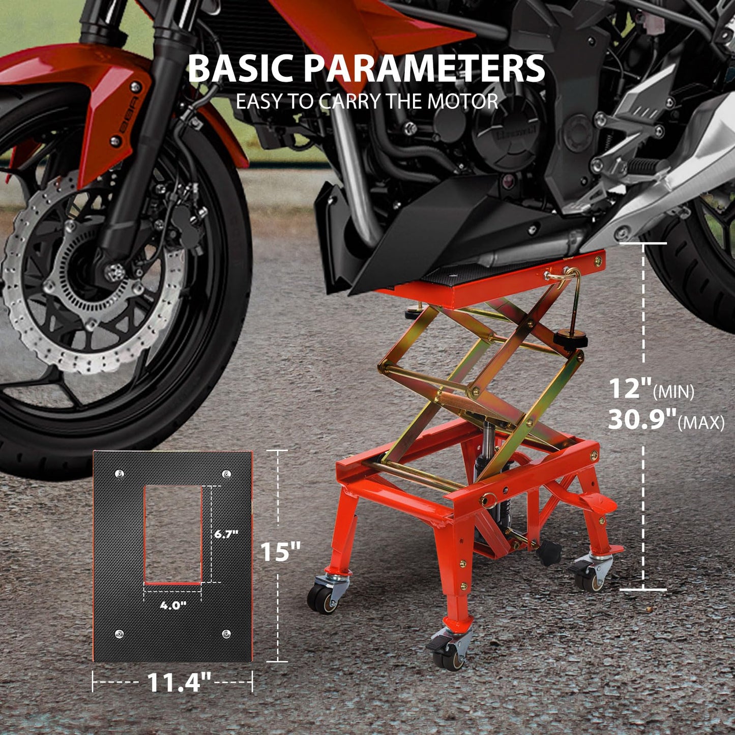 VIVOHOME 350 Lbs Heavy Duty Hydraulic Motorcycle Lift Jack, ATV Dirt Bike Foot Operated Scissor Stand Table with 4 Wheels and Removable Stopper, Red