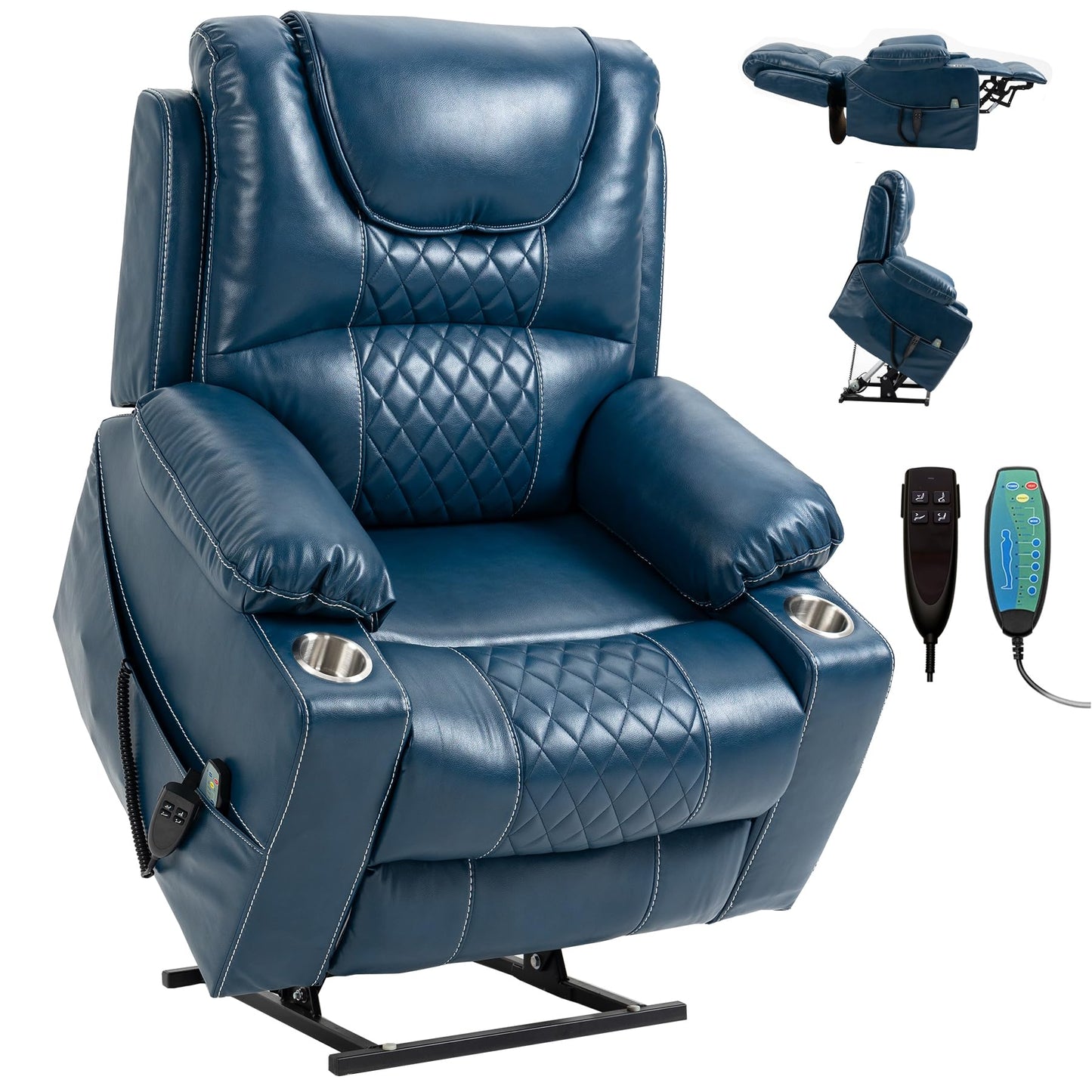RHHVVR Oversized Power Lift Recliner Chair 400 LBS for Big and Tall, 25" Extra Wide Electirc Recliner Chair Living Room Sofa with Massage and Heating, Dual Motor Leather Home Theater Seat,Blue