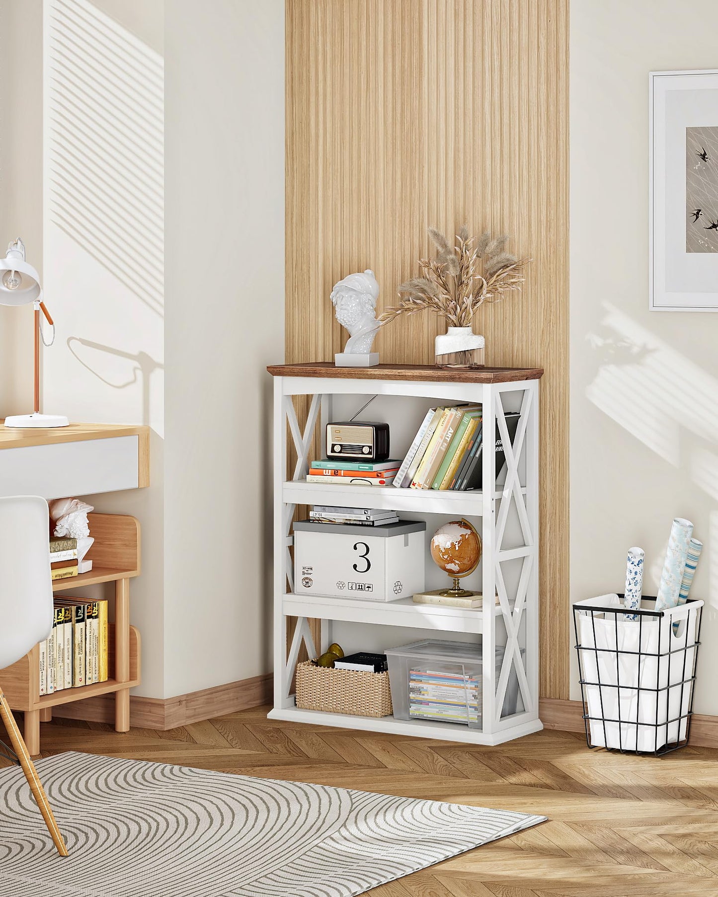 CHOEZON 4-Tier Bookcase, 42.9" Floor Standing Organizer Shelf, Corner Book Stand, Metal Frame, for Study, Bedroom, Living Room, White and Walnut TSJ01WL
