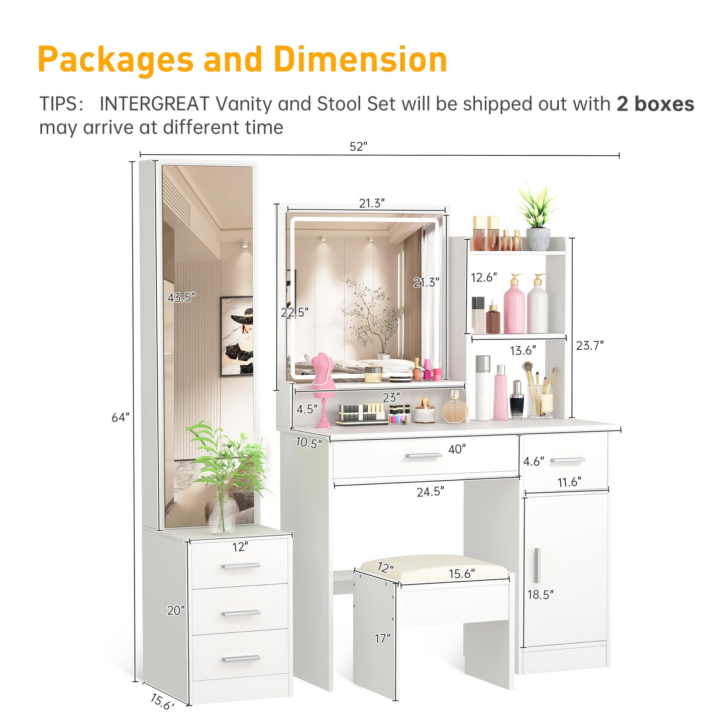 INTERGREAT Makeup Vanity Desk with Lights and Full-Length Mirror, White Vanity Table Set with 3 Lighting Modes, Dressing Table with Drawers, Large Vanity Desk for Women and Girls' Bedroom