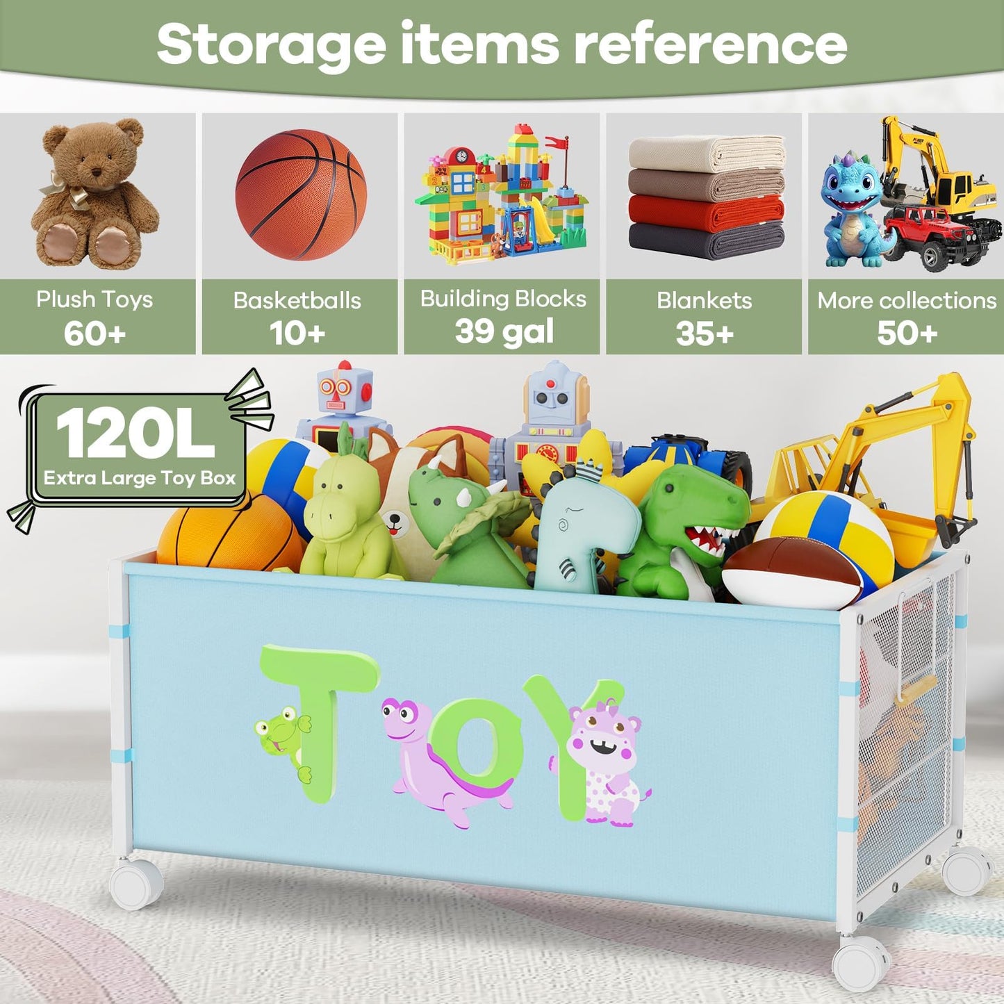AIJIAMEIER Large Toy Box with Wheels, 120L Toy Boxes for Extra Large Metal & Oxford Cloth Toy Chest Toy Organizer with Wooden Handle for Bedroom, Living Room Area, Stuffed Toys, Clothes(Blue, 1PC)