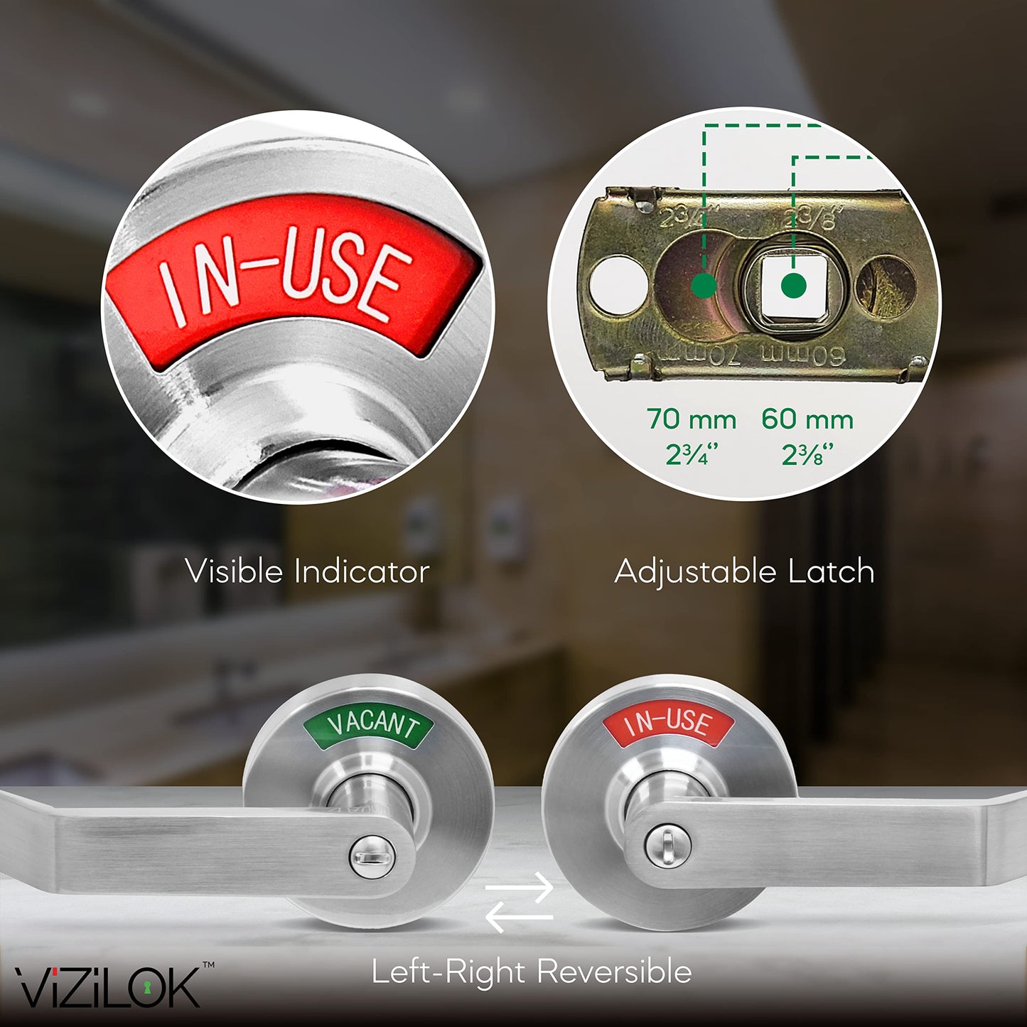 VIZILOK Commercial Door Lock for Bathroom Privacy, Safety, Standard Vacant Occupied Indicator in Satin Chrome, ANSi Grade2, Perfect for Restaurants, Medical Offices, Airbnb, Dorms, Gyms, Fitting Room