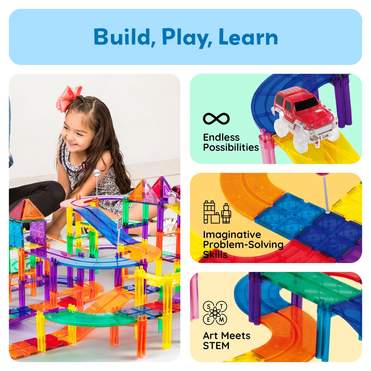 PicassoTiles 128pcs Magnetic Race Car Track Building Block Educational Toy Set Tiles Magnet Playset 3 LED Car STEM Learning Construction Kit Fine Motor Skill Training Brain Development for Kids Age3+