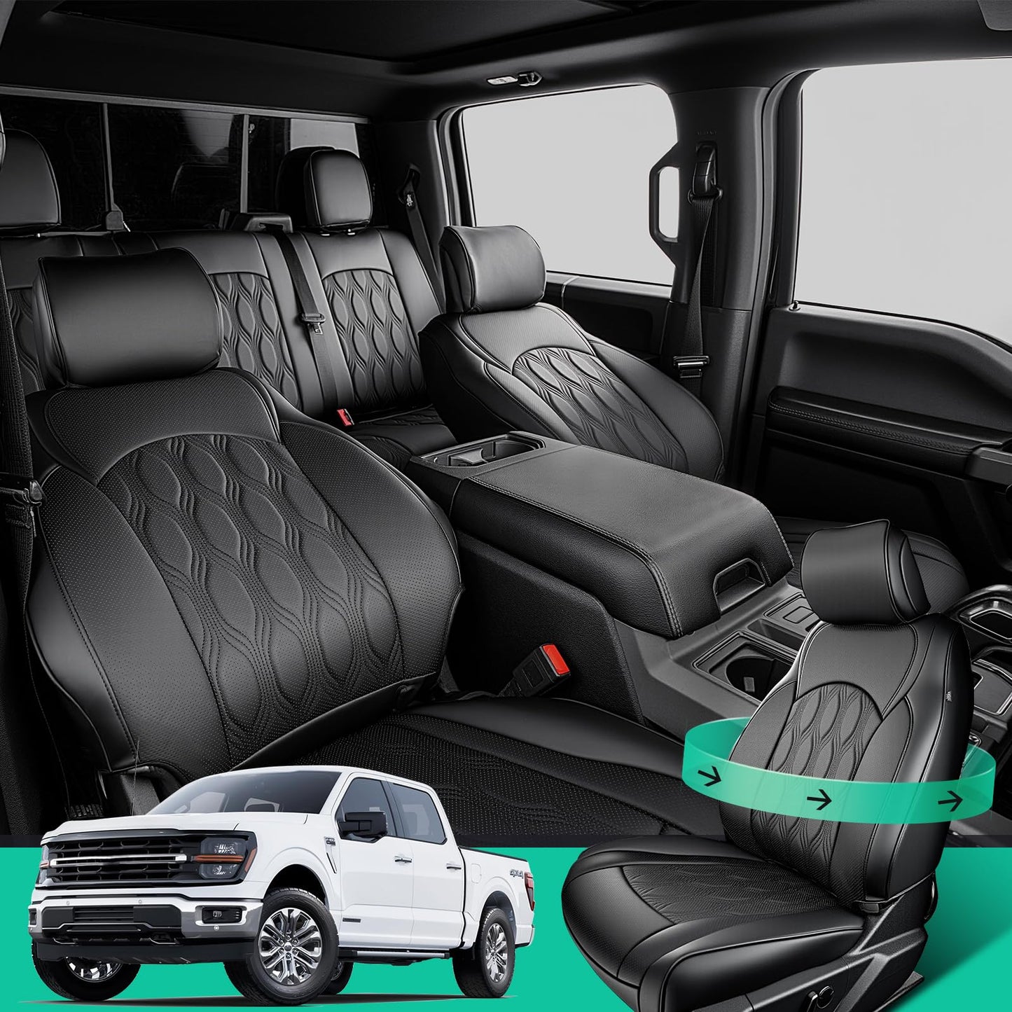 DiffCar® for Ford F150 Seat Covers 2025 2024 2023 2022 2021, PU Leather Truck Accessories Full Set for F 150, Car Pickup Seat Protectors Custom Fit for Ford F-150 XT XLT SuperCrew/CrewCab 21-25, Black