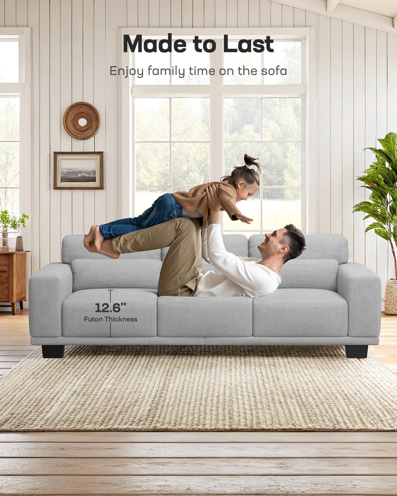 Marsail 89 Inch Sofa, 3-Seater Modern Comfy Couch with Deep Seats, Upholstered Linen Couches for Living Room, Bedroom, Office,Apartment, Grey
