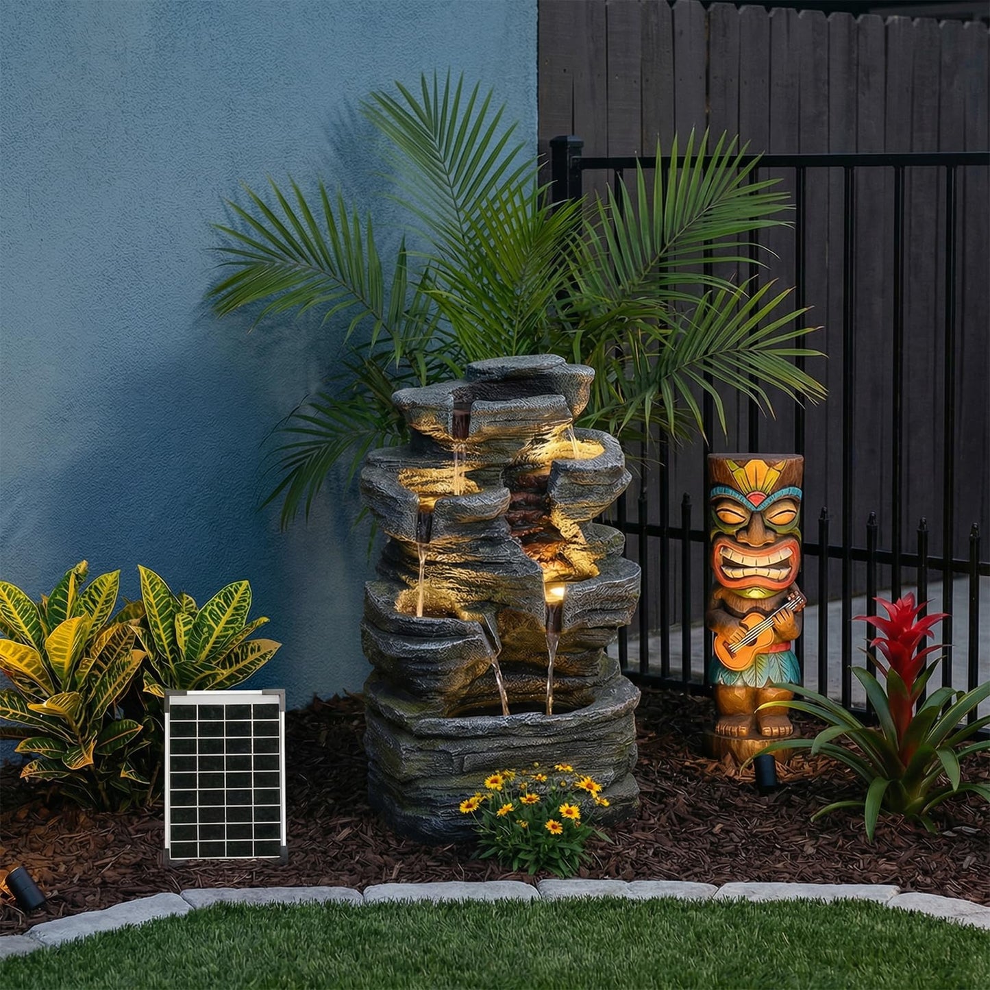 Bumilgar 6 Tier Cascading Rock Solar Water Fountain Outdoor Garden Waterfall Decor for Garden, Patio, Backyard, Deck, Porch and Home Art Decor,24.4" H Outdoor Fountain with LED Lights
