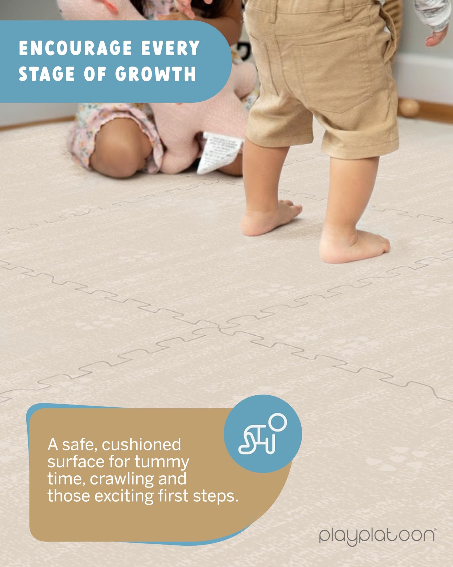 Play Platoon Non-Toxic Large Baby Play Mat for Floor, 9 Tile 72 x 72 inch - Extra-Thick Interlocking Foam Floor Tiles 24 x 24 in Puzzle Mat Pieces with Border, Playmat Rug for Kids - Brushed Cotton