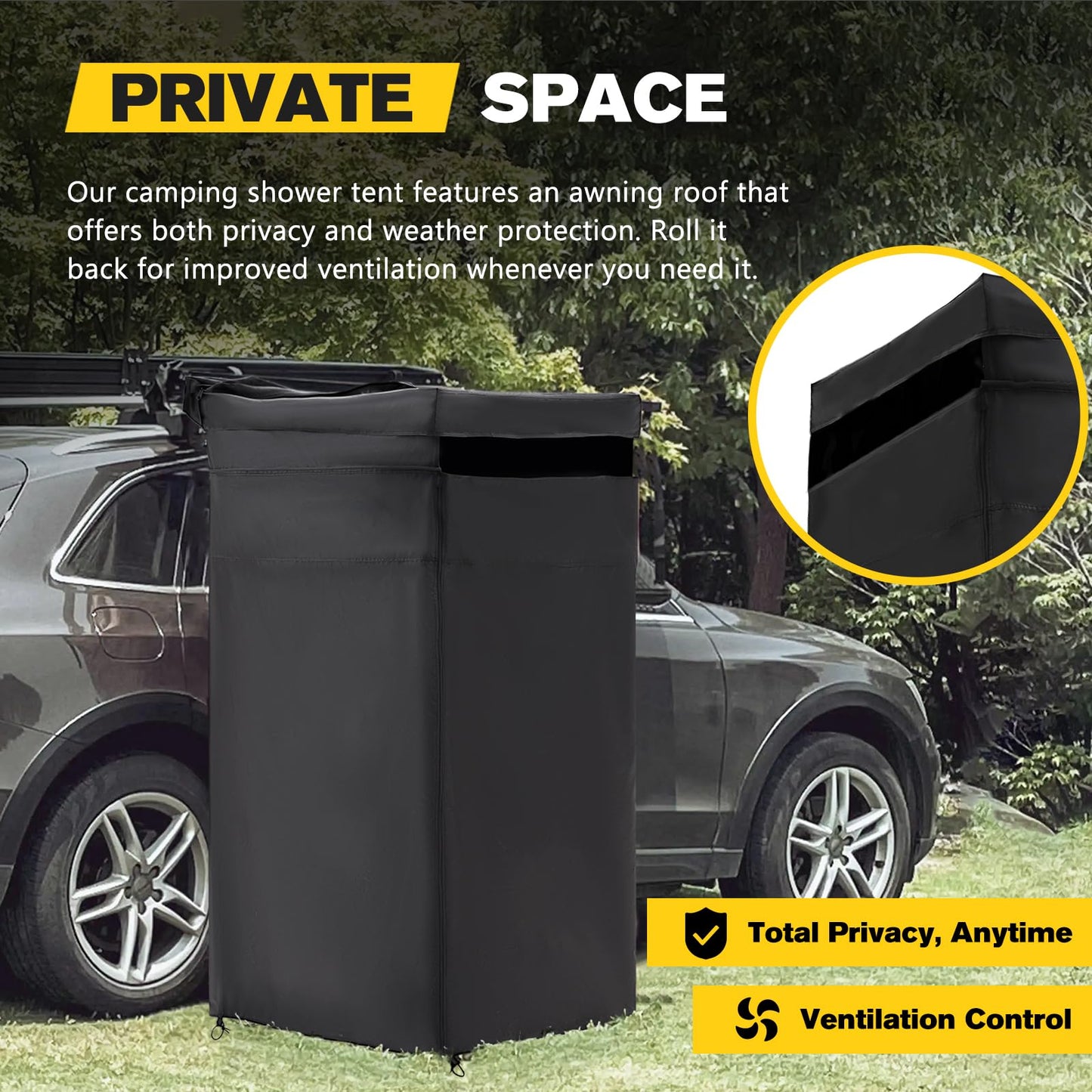 BUNKER INDUST Vehicle Side Shower Tent with Roof, Car Portable Privacy Shower Bathroom, Outdoor Camping Awning Shower Room Waterproof, Built-in LED Light for Night, Black