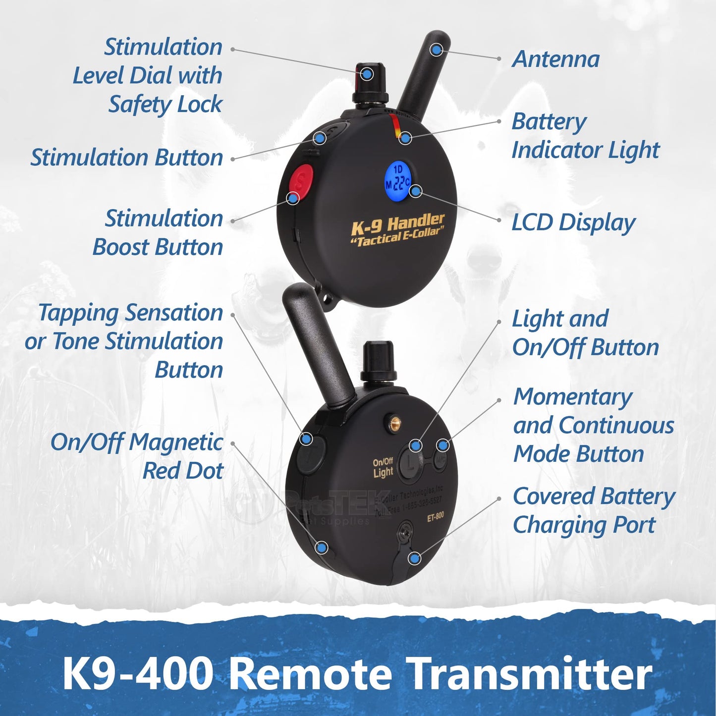 Educator K9-400 Tactical E Collar for Dog Training with Remote - 3/4 Mile Range, Waterproof, 100 Stimulation Levels, Tone or Vibration Mode, Night Light for Small, Medium & Large Dogs (33 inc)