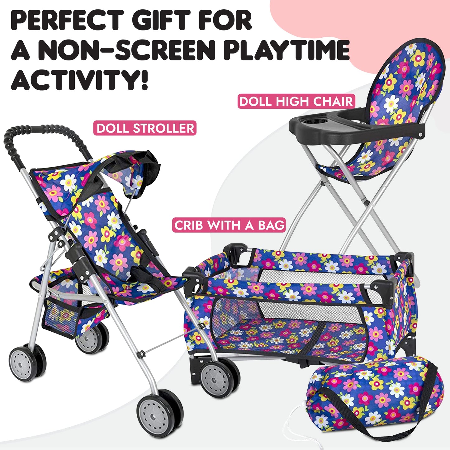 fash n kolor 3 Piece Baby Doll Play Set Flower Design Includes - Foldable Pack N Play, Baby Doll Stroller, Baby Doll High Chair, Fits Up to 18'' Dolls 3 Piece Doll Accessories Set, Best Gift for Girls
