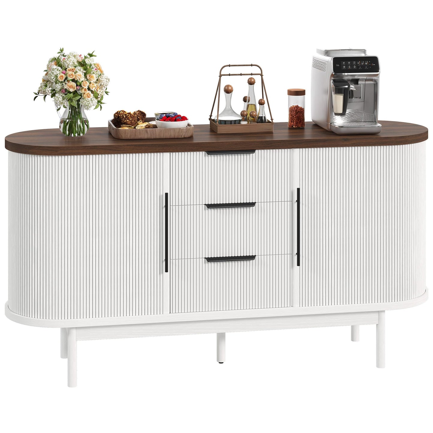DWVO Modern TV Stand for 60 inch TVs, Fluted Entertainment Center with 3 Drawers & Storage Cabinet, Sliding Door & Adjustable Shelf, Media Console for Living Room, White & Brown