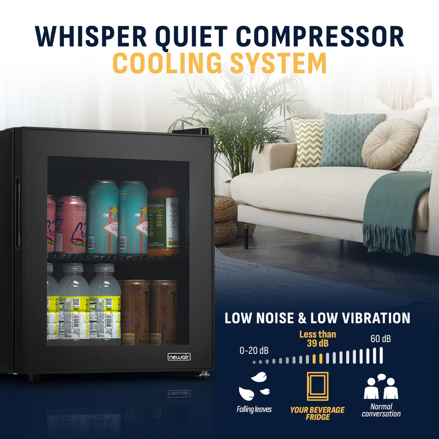 NewAir 60 Can Beverage Refrigerator | Compact Freestanding Mini Fridge for Bedroom, Dorm, Office or Gaming Room | Glass Door, Adjustable Shelf & Quiet Cooling | Black