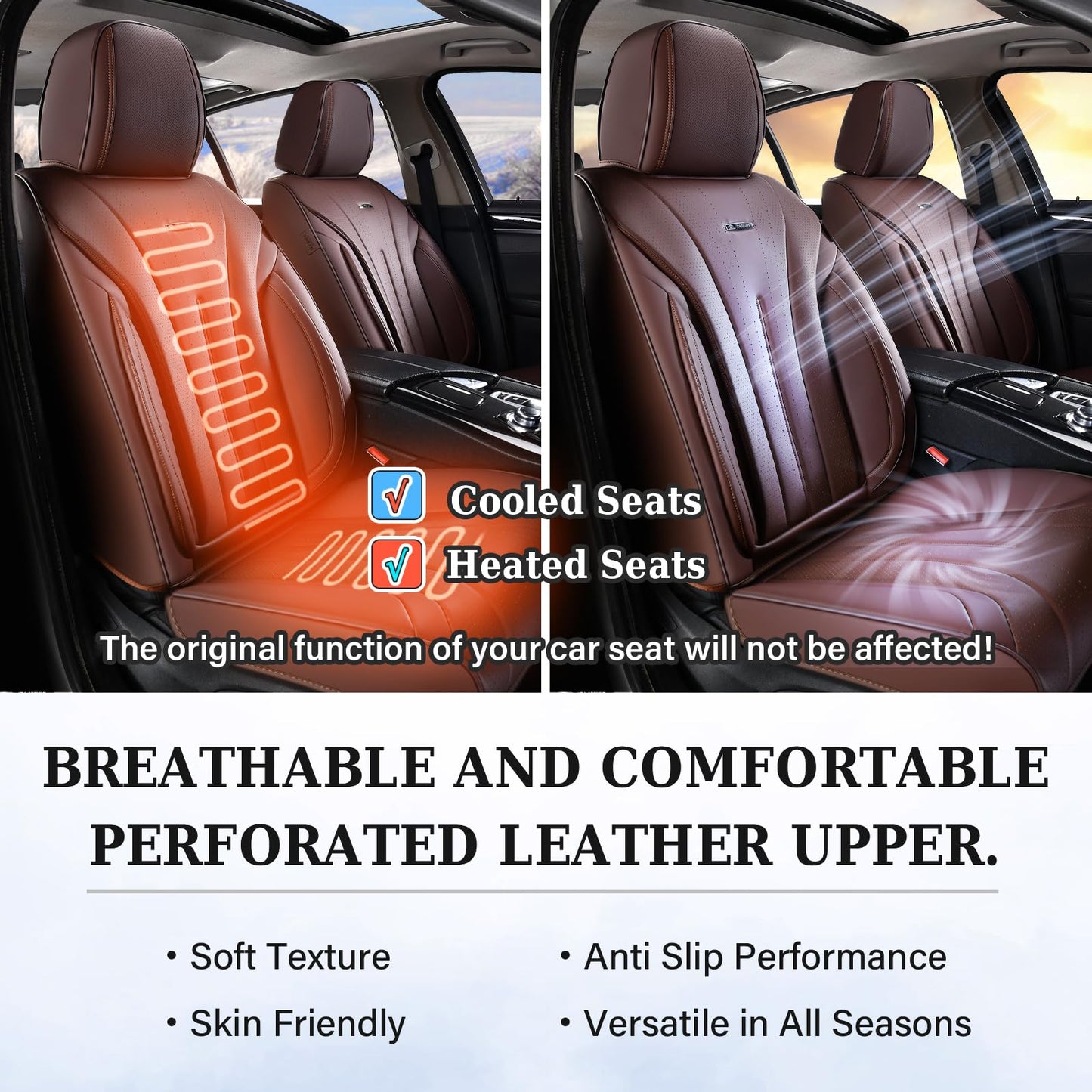 Coverado Front and Back Car Seat Covers, Leather Seat Cover for Cars, Automotive Seat Cover Full Set, Waterproof Universal Seat Cover, Luxury Car Seat Protector Seat Cushion Fit Most Cars, Coffee