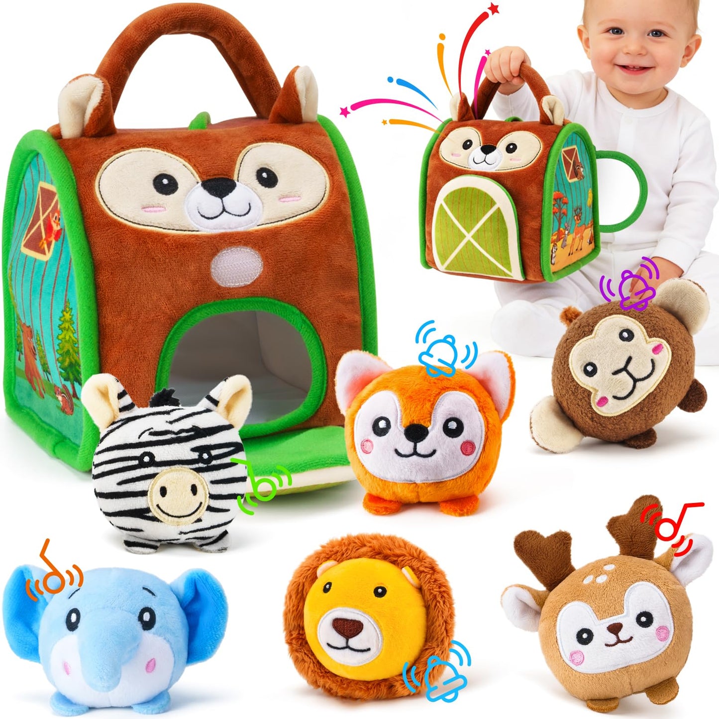 NECTAR BABY Soft Baby Sensory Toys - Squirrel Barn with 6 Stuffed Zoo Animals - Rattles, Crinkles, Squeak, Mirror - Montessori Toys for 6-12 Months Infant & 1-3 Years Toddlers Gifts & Travel Toy