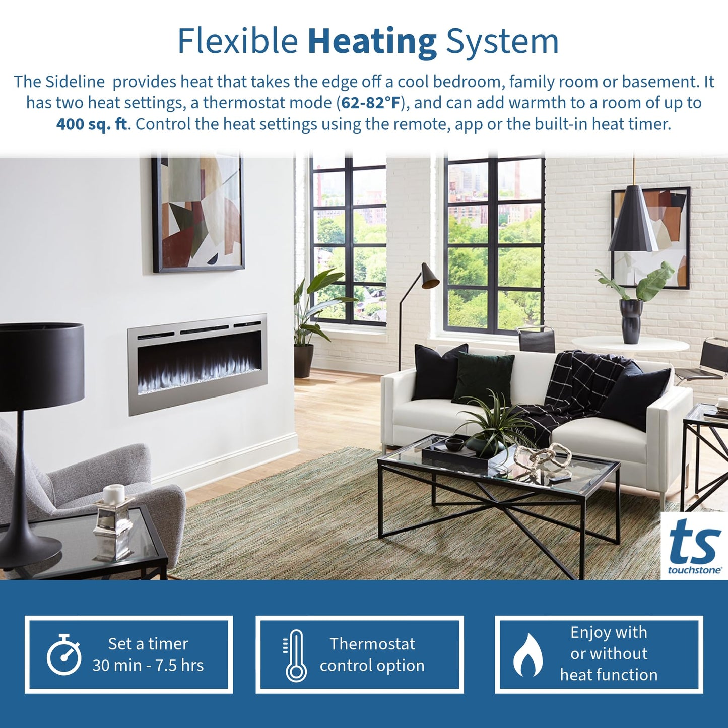 Touchstone Sideline Deluxe -Stainless Steel Smart Electric Fireplace- 60" Wide- Alexa/WiFi-Enabled- in Wall Recessed- 5 Flame Settings- 9 Flame Colors- 1,500W Heater- Log & Crystal Options- 86277