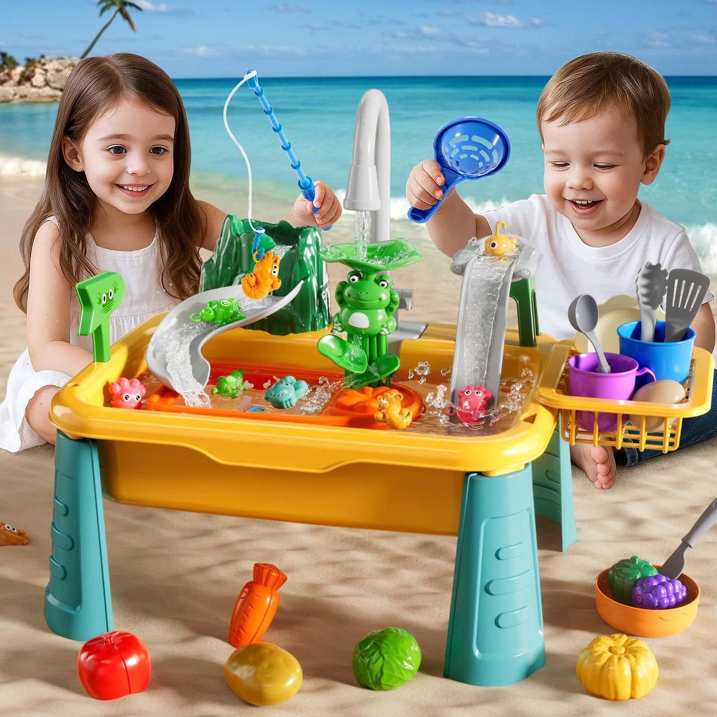 NIPLOOOW Kitchen Sink Toys Toddlers 3-5, Play Sink with with Electric Water Pump, Water Table for Kids Ages 4-8, Fishing Game Outdoor Toys Pretend Role Play Toys for Boys Girls 3 4 5 6 7 8