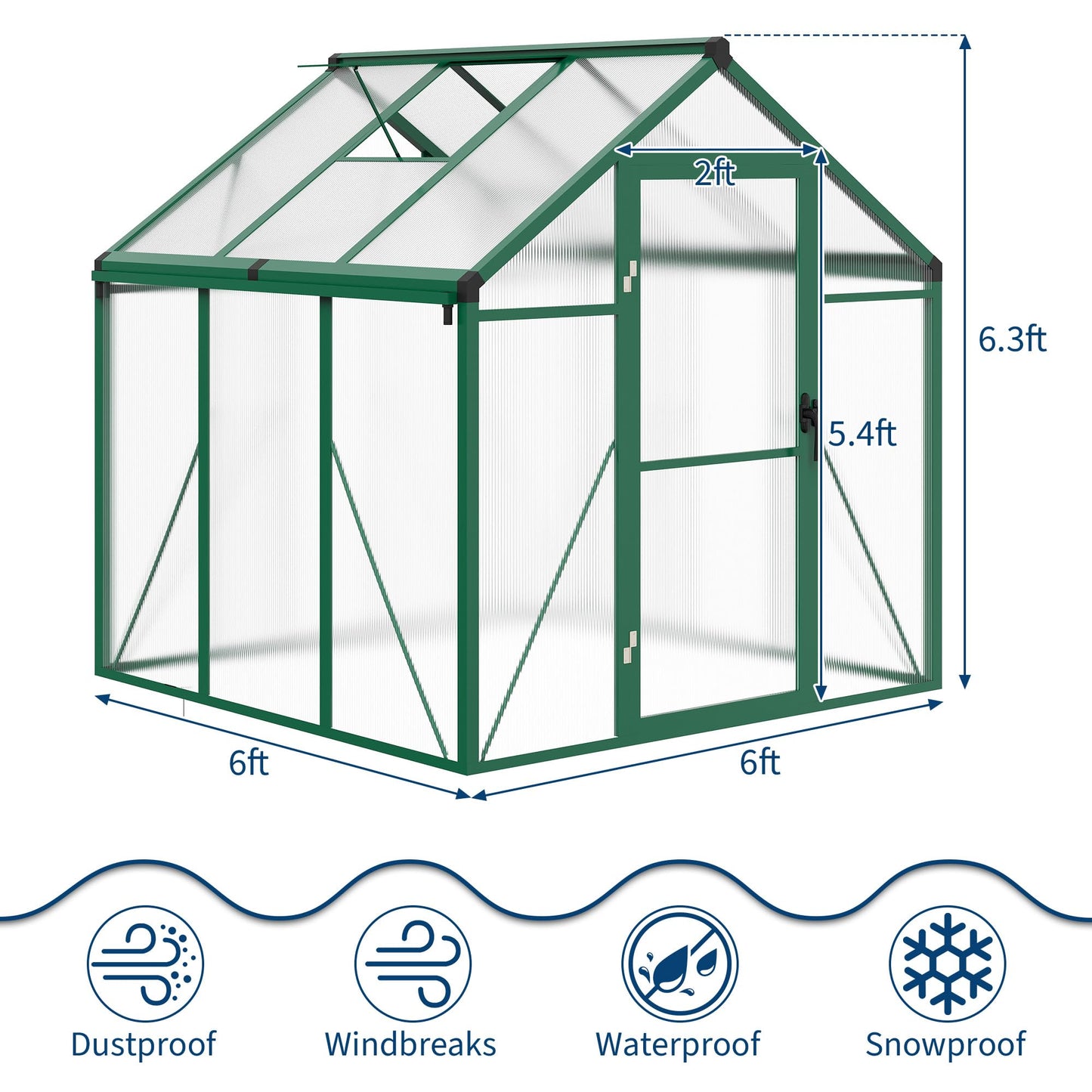 6X6 Ft Polycarbonate Greenhouse Sunroom with Aluminum Frame, Outdoor Greenhouse for Vegetables Herbs Flowers, Lockable Door & Adjustable Roof Vent, Patio Backyard Greenhouse Kit for Gardening, Green