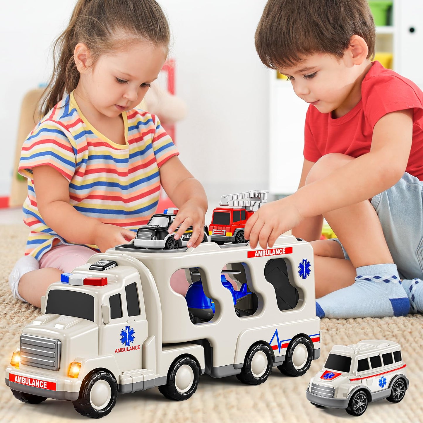 JUKUDAHU 5-in 1 Play Ambulance Toy Vehicle Toddler Truck Toys for 3 4 5 6 7 Year Old Boys - Friction Powered Cars with Light and Sound, Police Car, Fire Truck, Ambulance Car, Birthday Gifts for Kids
