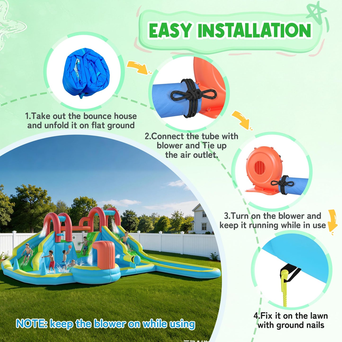 HOMMOW Inflatable Water Slide,10 in 1 Double Water Slide Bounce House for Kids 3-12 with Blower, Splash Pool, Water Cannon, Climbing Wall, Basketball Hoop for Kids Indoor Outdoor Backyard