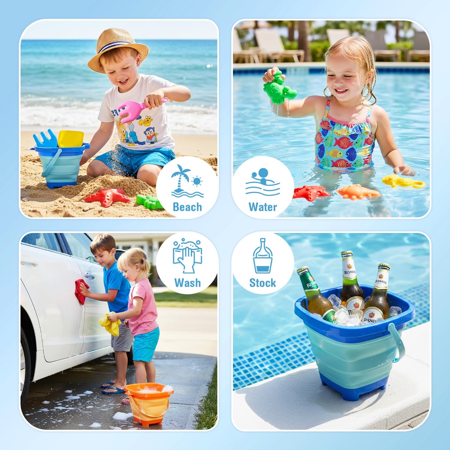 Dreamon Beach Toys for Kids 3-10, Collapsible Sand Castle Toys for Beach Include 3 Pack Foldable Buckets, Shovels Molds and Storage Mesh Bag, Sandbox Travel Toy for Toddlers Kids