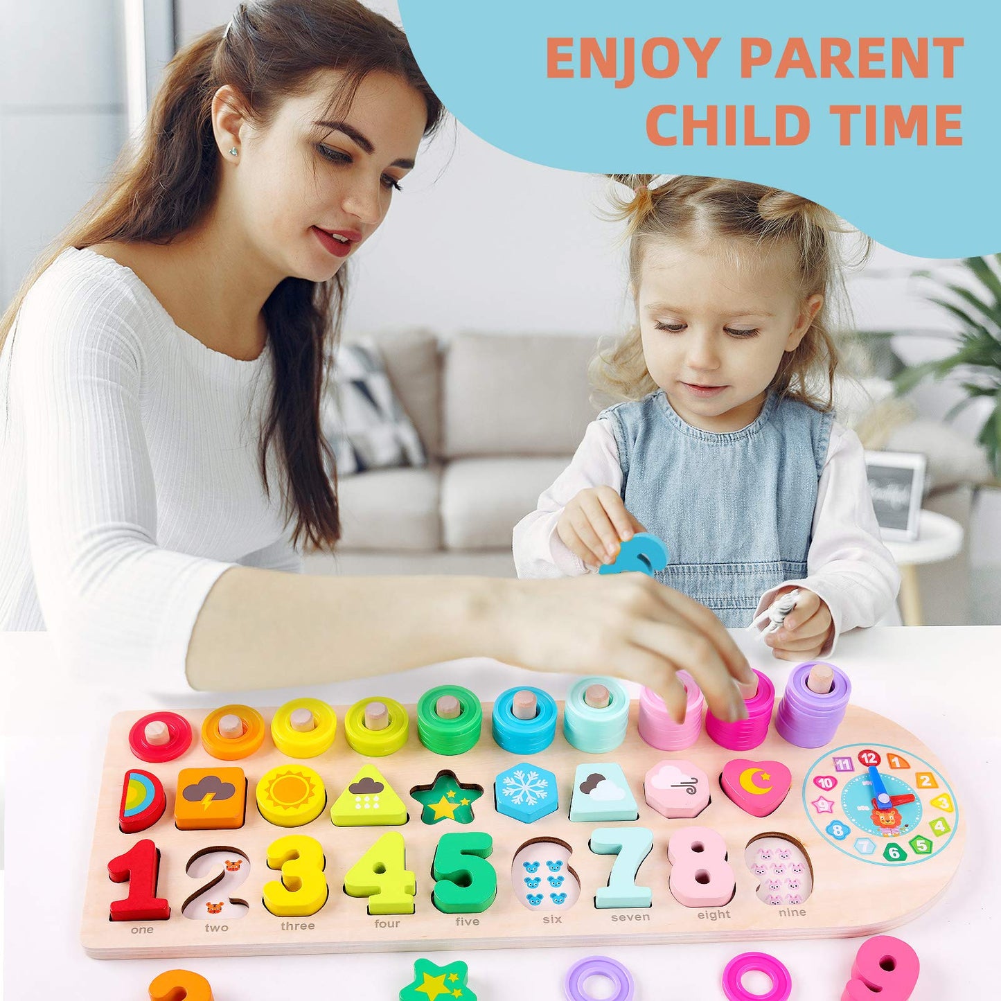 QZMTOY Preschool Educational Learning Montessori Toys for Kids, Toddler Puzzles Number Shape Sorter Counting Stacker with Clock Weather, Boys Girls Activities Math Game Gift for Age 3 4 5 Years