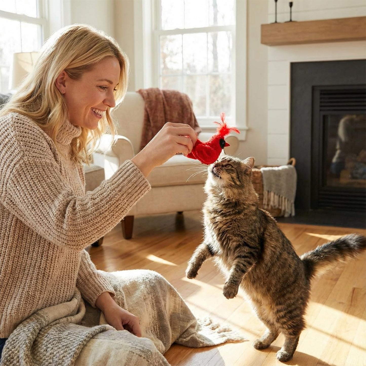 SilTriangle 3 Pcs Bird Cat Toy with Chirping Sound, 3.15 Inch Interactive Exercise Toy with Lifelike Bird Chirp, Red Cardinal Blue Jay Goldfinch for Indoor Bored Cats Kittens, Gifts for Valentines Day