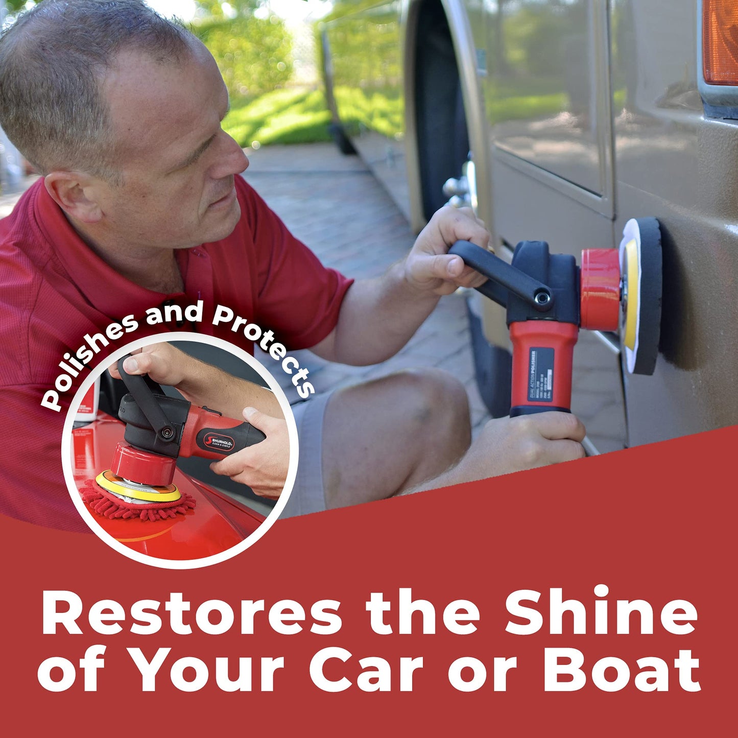 Shurhold 3101 Dual Action Random Orbital Car Boat Buffer Polisher Starter Kit with 16oz Pro Polish Wax & Sealant, 6.5” Foam Pad, Microfiber Towel, and Carrying Bag , Red