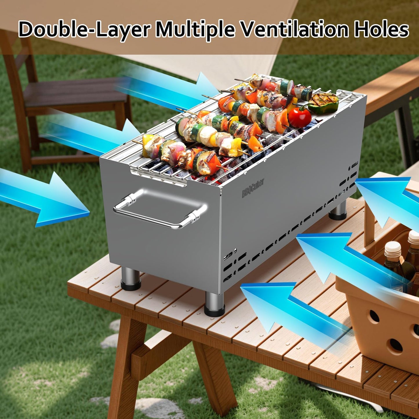 BBQCuker Portable Charcoal Grill,Heavy-Duty Stainless Steel Small BBQ Grill with Double-Layer Insulation Design,170 Sq. In. cooking Area,Tabletop Grill with Travel Bag for Outdoor Camping and Picnic