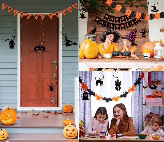 Halloween Decorations Indoor Party Decor, HAPPY HALLOWEEN Accessories with TRICK OR TREAT Banner, 3 PCS Large Garland Bat Ghost Pumpkin, Hanging Party Supplies Backdrop for Home Office Classroom