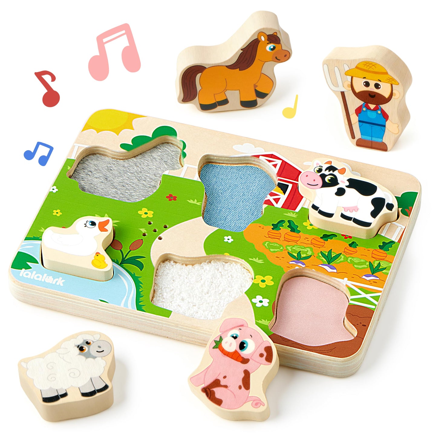 lalalark Montessori Toys for 1 2 3 Year Old Boy Girl, Wooden Sorting & Stacking Toys, Shape Sorter Baby Toy, Tactile & Sound Wooden Chunky Puzzles for Baby 2-4, Musical Farm Animal Toys