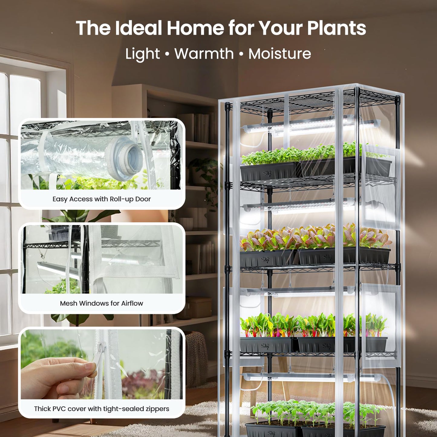 SOLIGT Indoor Greenhouse with Grow Lights - 5 Tier Plant Shelf & 8 x 2FT 6000K Full Spectrum Lights, Thick PVC Cover, Mesh Ventilation, Mini Small Greenhouse Cabinet for Seed Starting Seedlings Growth