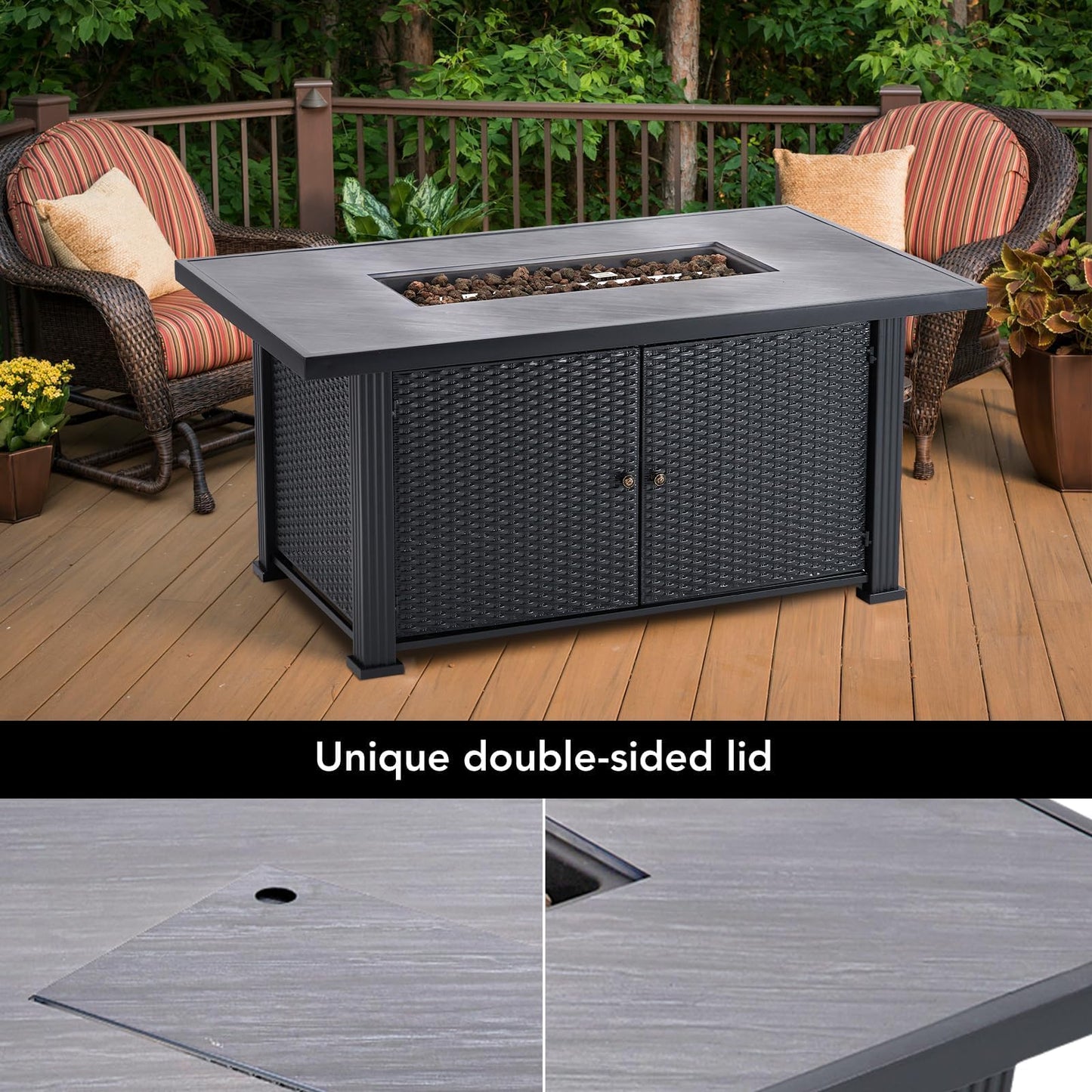 52" Propane Fire Pit Table, 50000BTU Rectangle Fire Table with Cover & Rain Cover, Sturdy Steel and Iron Fence Surface, CSA Safety Certified, Companion for Your Garden (Enlarged Version)