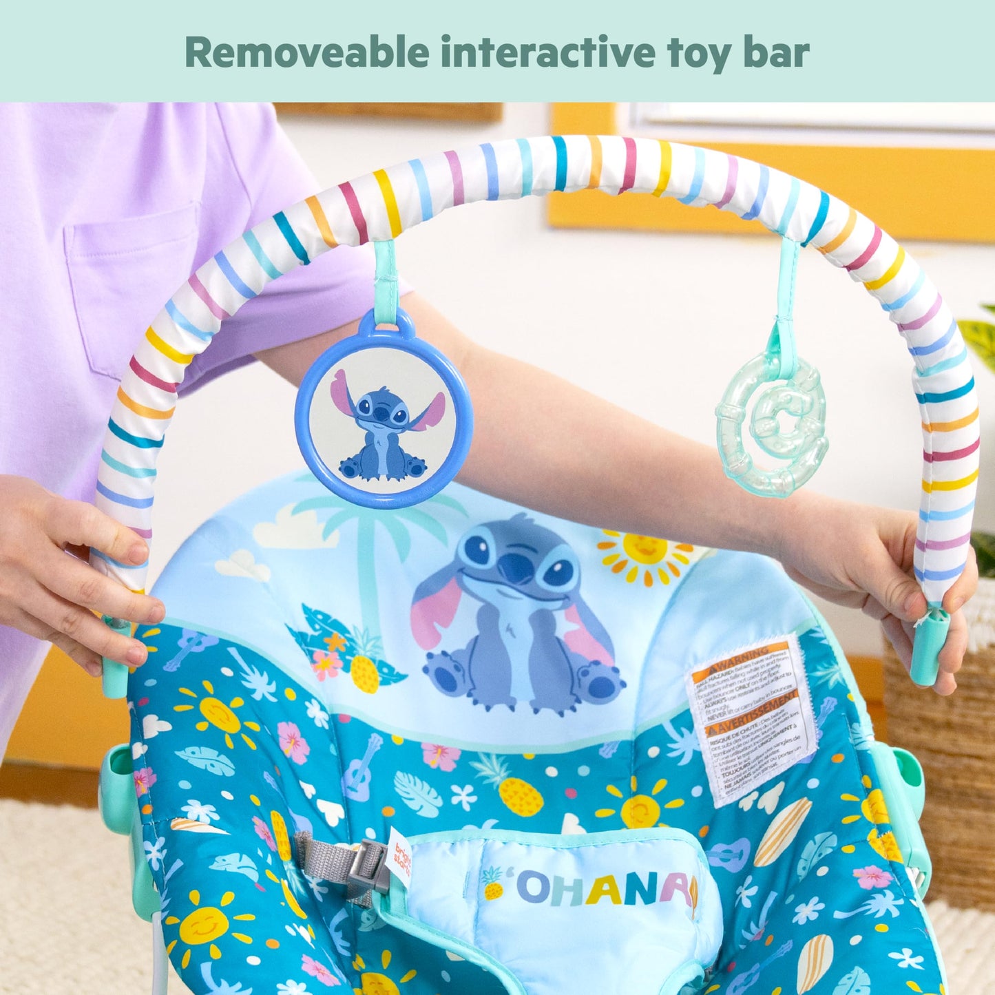 Bright Starts Disney Stitch Ohana Paradise Vibrating Baby Bouncer, Soothing Vibrations Infant Seat with 2 Sensory Toys, 0-6 Months