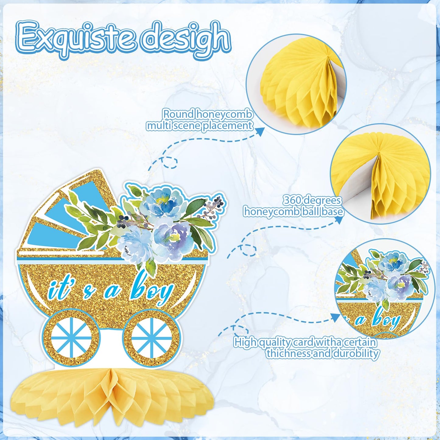 Tarklanda 12Pcs Baby Shower Honeycomb Centerpieces Party Decor for Boys,Blue Gold Floral It's a Boys Gender Reveal 3D Table Centerpieces Decoration for Kids Baby Shower Party Photo Props Supplies